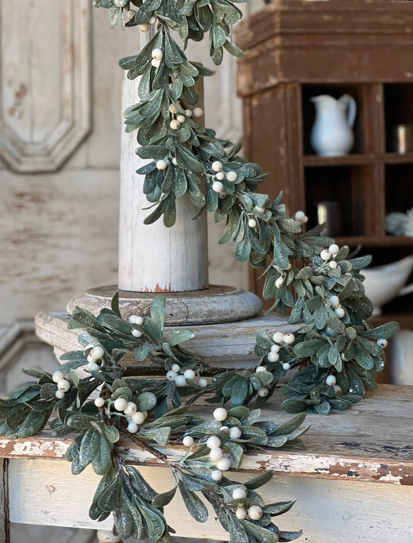 5' Ice Kissed Mistletoe Garland | White Berries with Glitter Sage Leaves