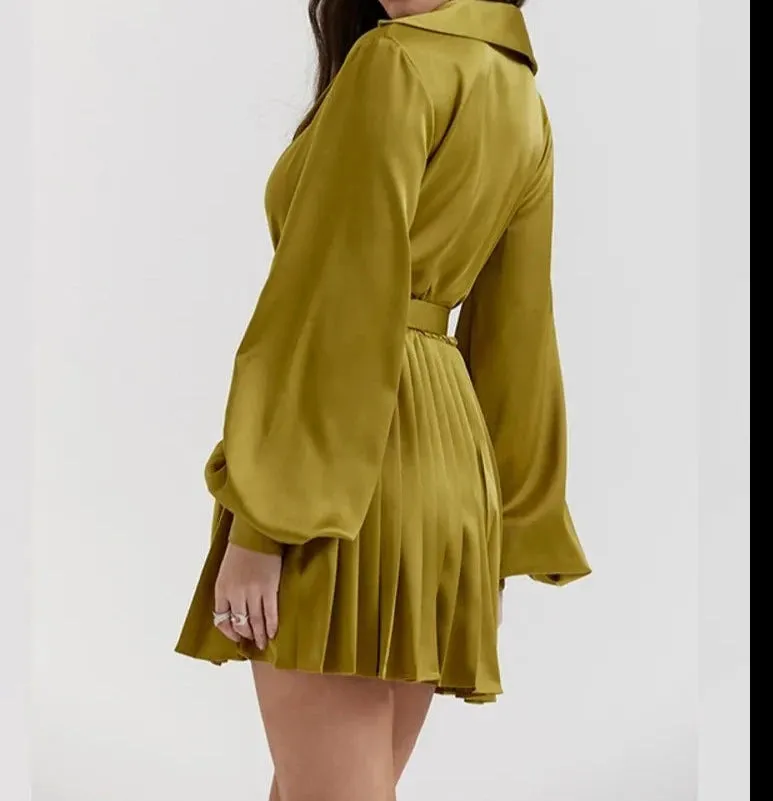 A&A Satin Pleated Olive Shirt Dress