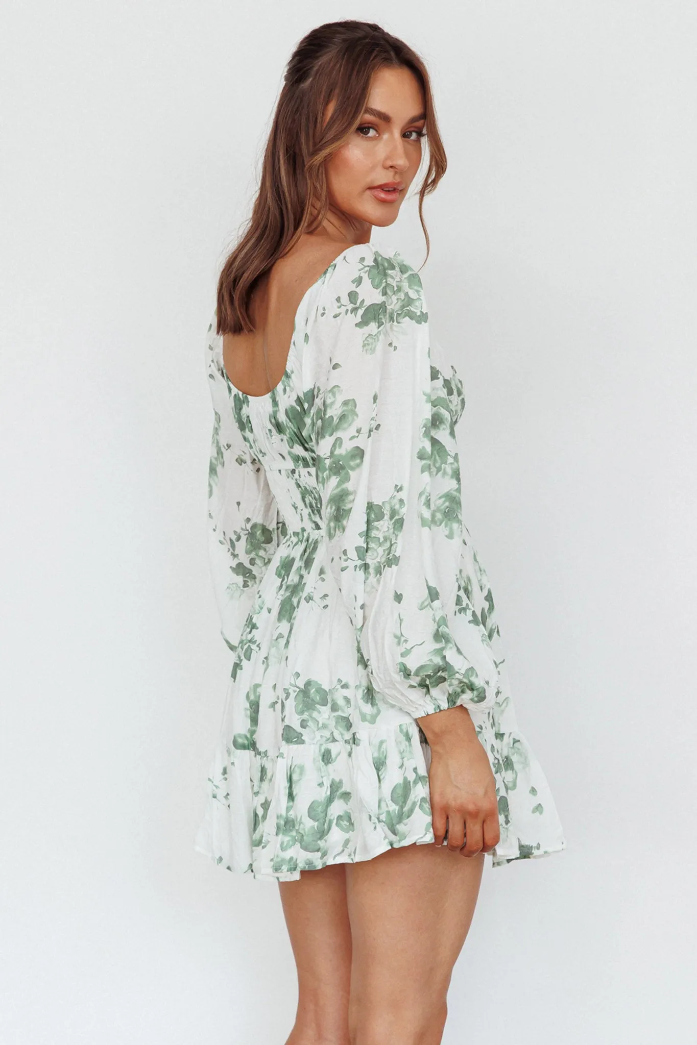 Amilie Shirred Long Sleeve Dress Floral White/Olive