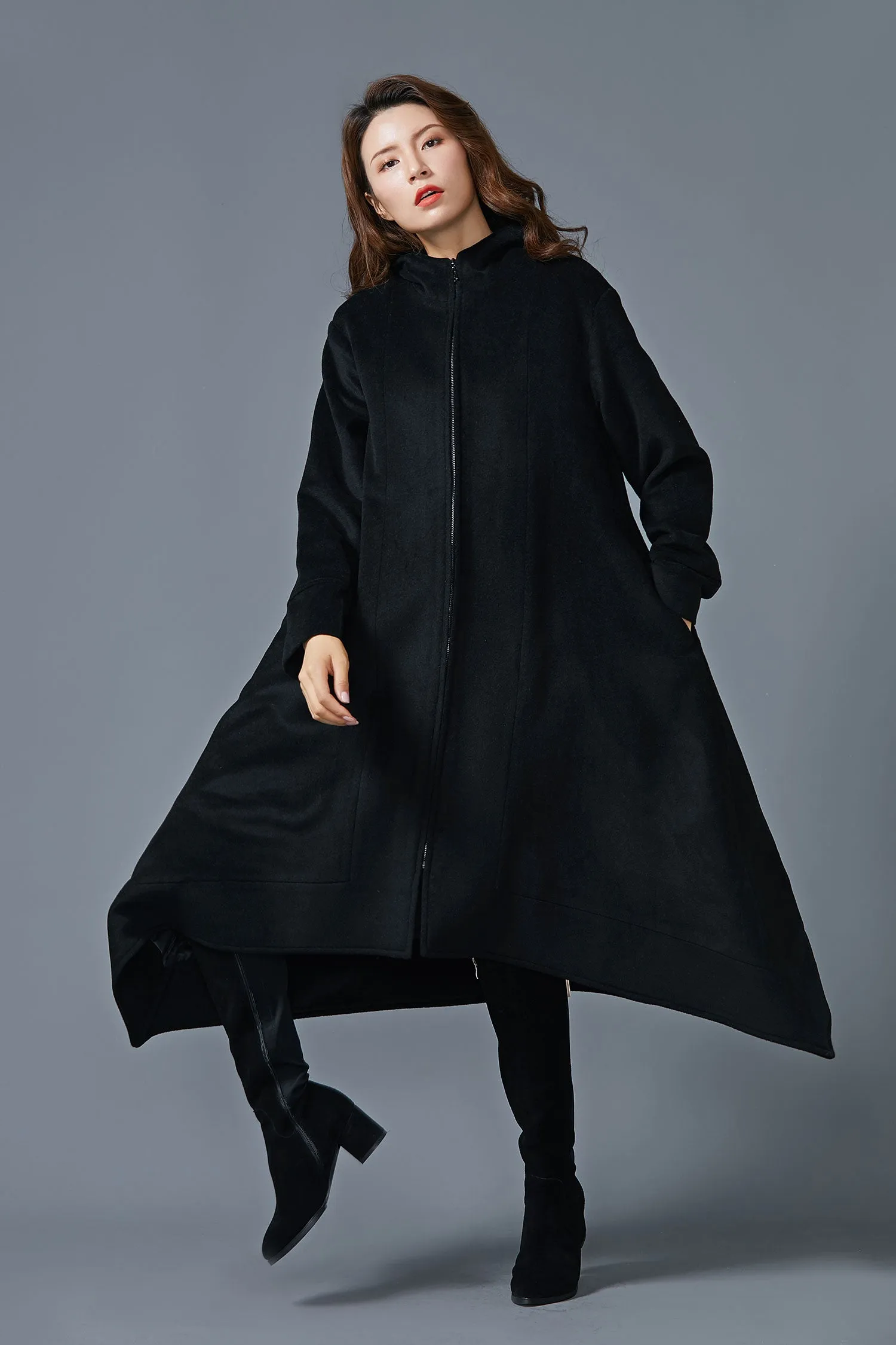 Asymmetric wool coat Hooded coat long wool coat handmade coat warm wool coat C1604