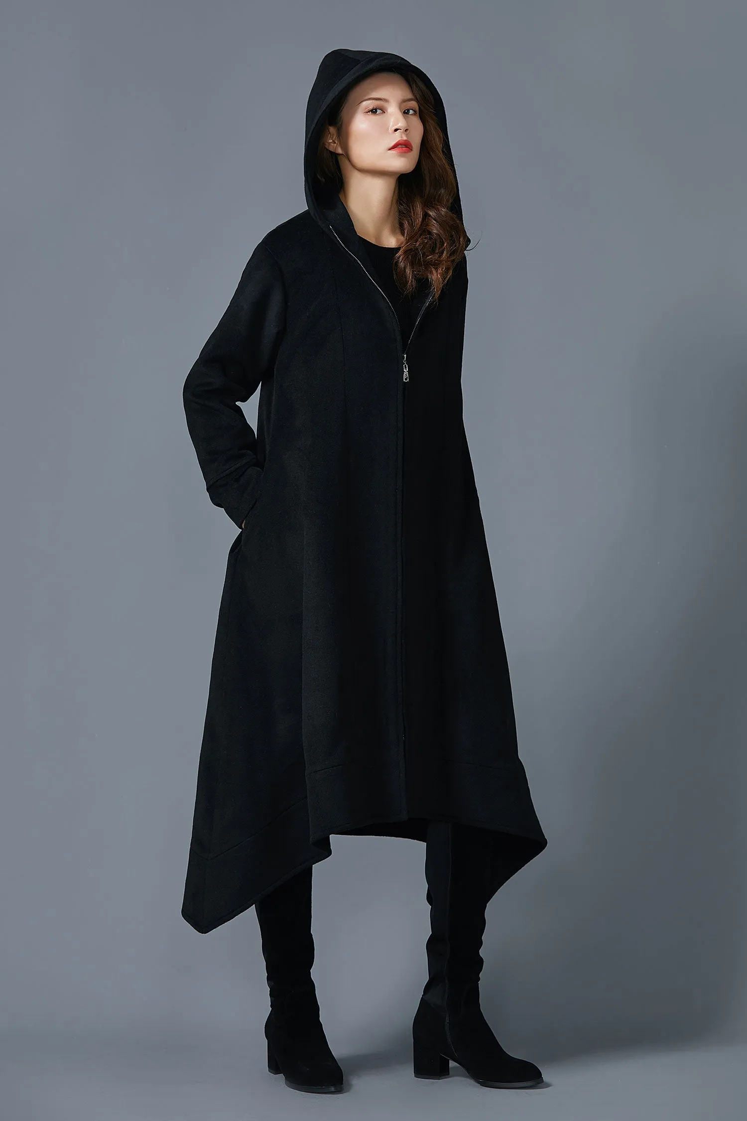 Asymmetric wool coat Hooded coat long wool coat handmade coat warm wool coat C1604