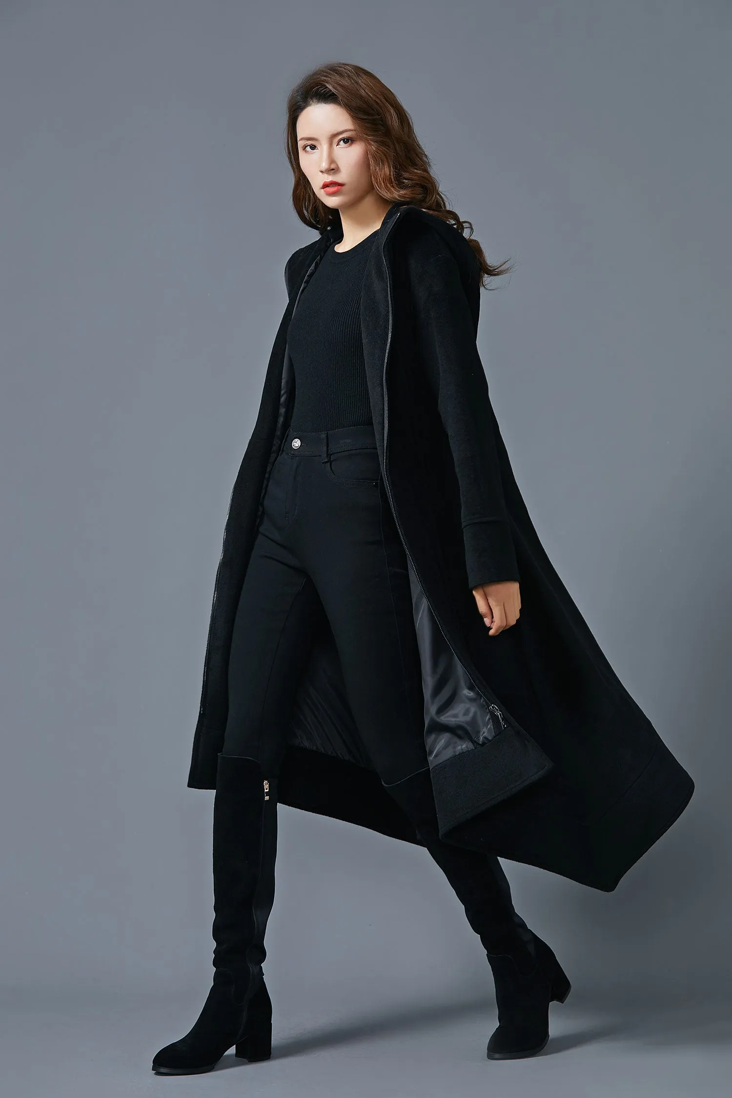 Asymmetric wool coat Hooded coat long wool coat handmade coat warm wool coat C1604