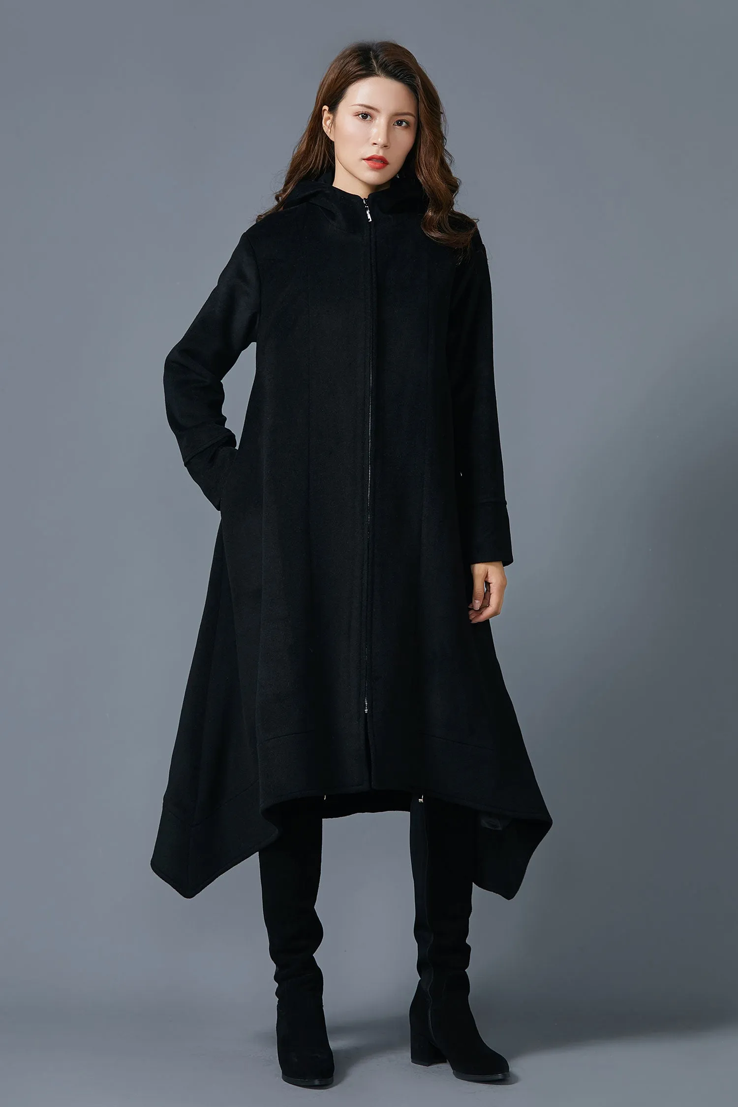 Asymmetric wool coat Hooded coat long wool coat handmade coat warm wool coat C1604