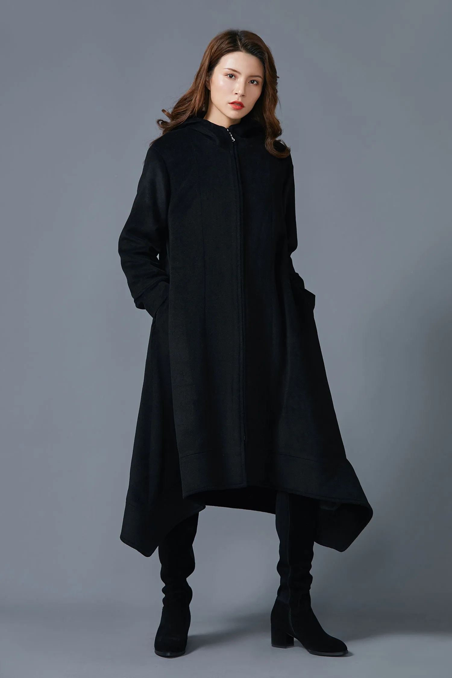 Asymmetric wool coat Hooded coat long wool coat handmade coat warm wool coat C1604