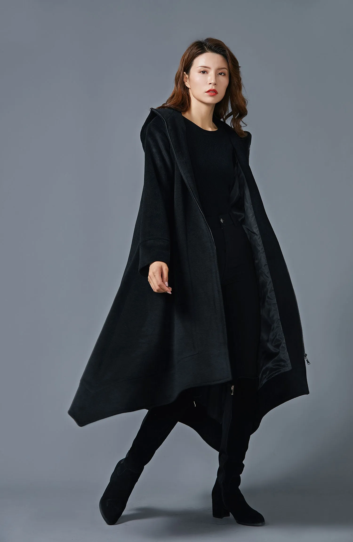 Asymmetric wool coat Hooded coat long wool coat handmade coat warm wool coat C1604