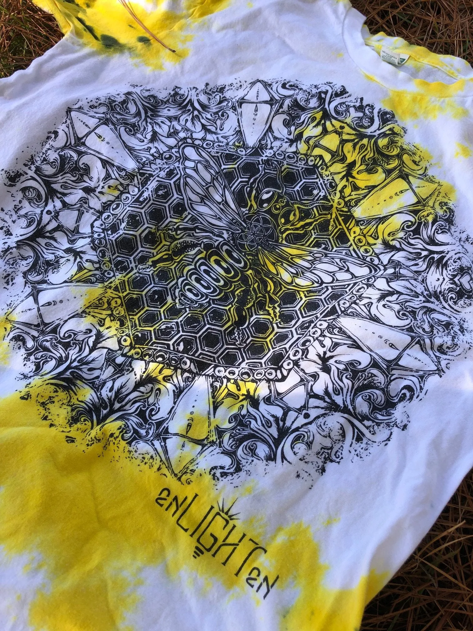 Bee Alive Yellow, Black And White Organic Sacred Geometry Tye Dye Tee Shirt