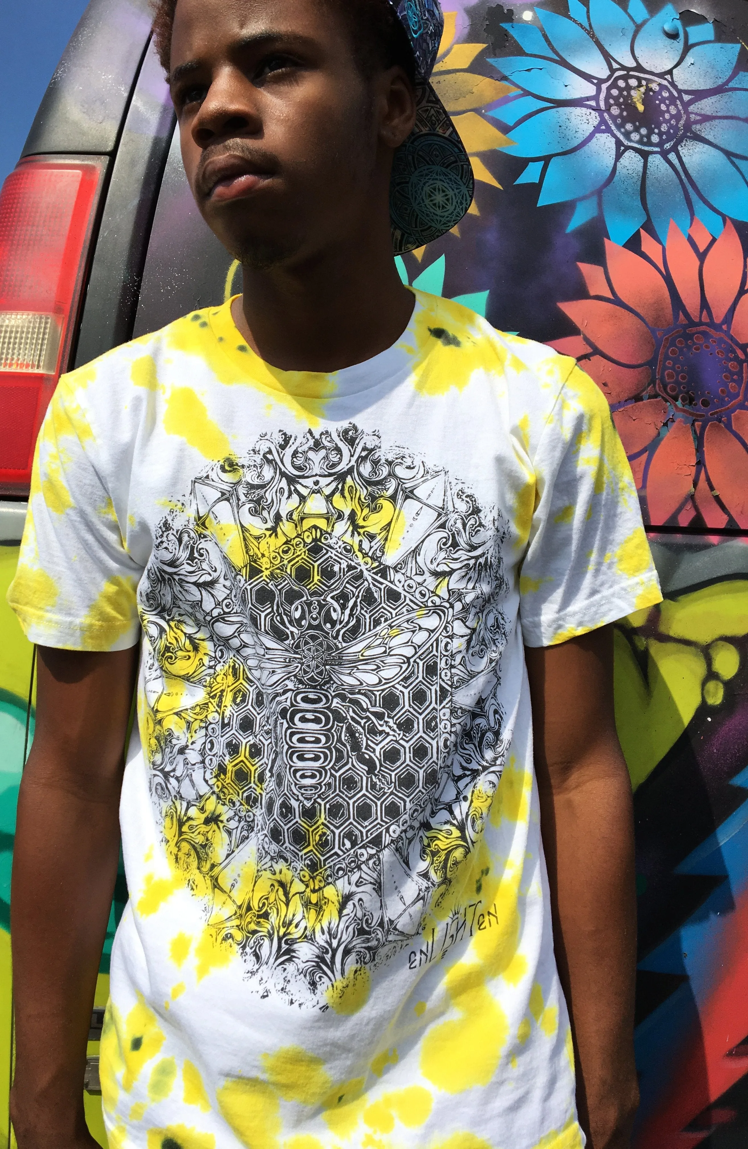 Bee Alive Yellow, Black And White Organic Sacred Geometry Tye Dye Tee Shirt