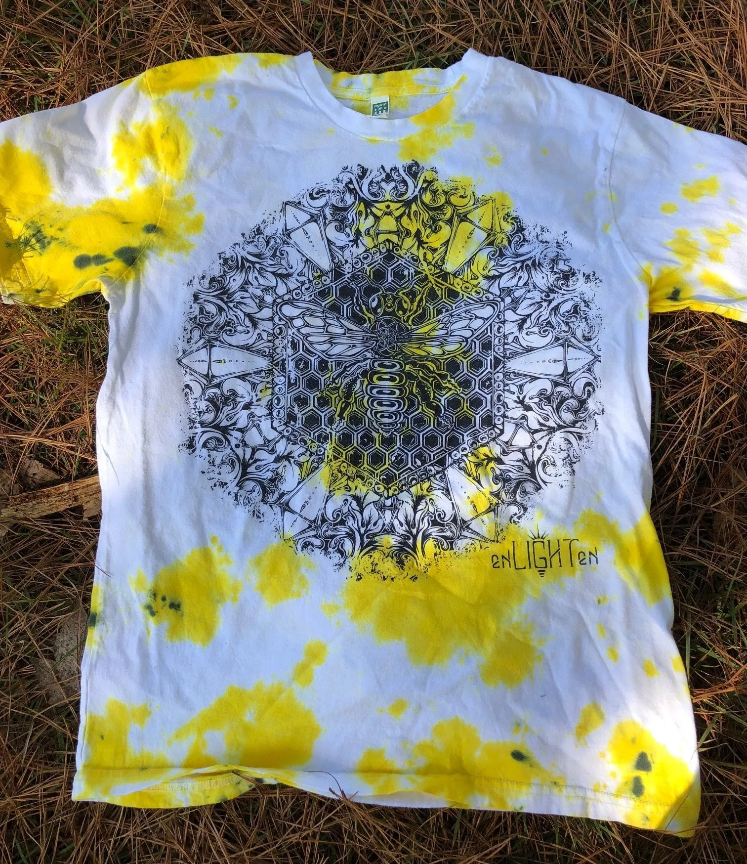 Bee Alive Yellow, Black And White Organic Sacred Geometry Tye Dye Tee Shirt