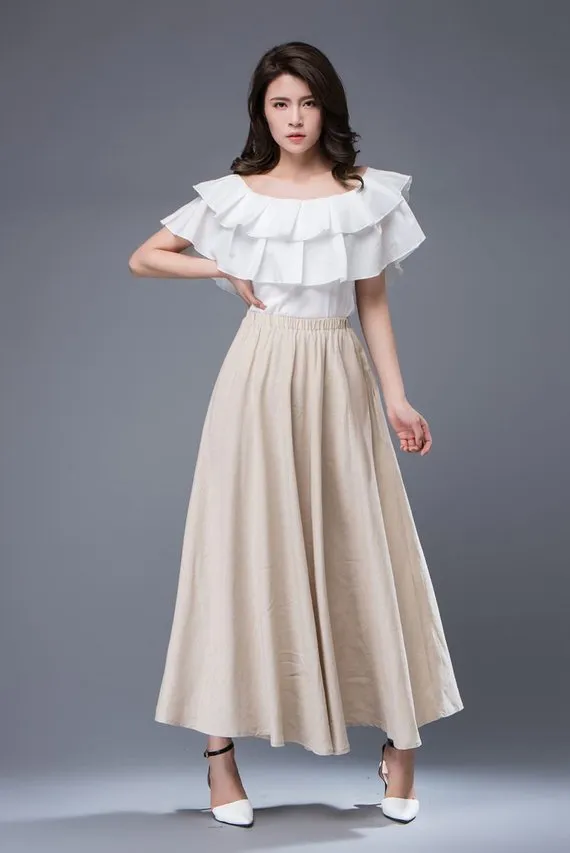 Beige maxi linen skirt C893