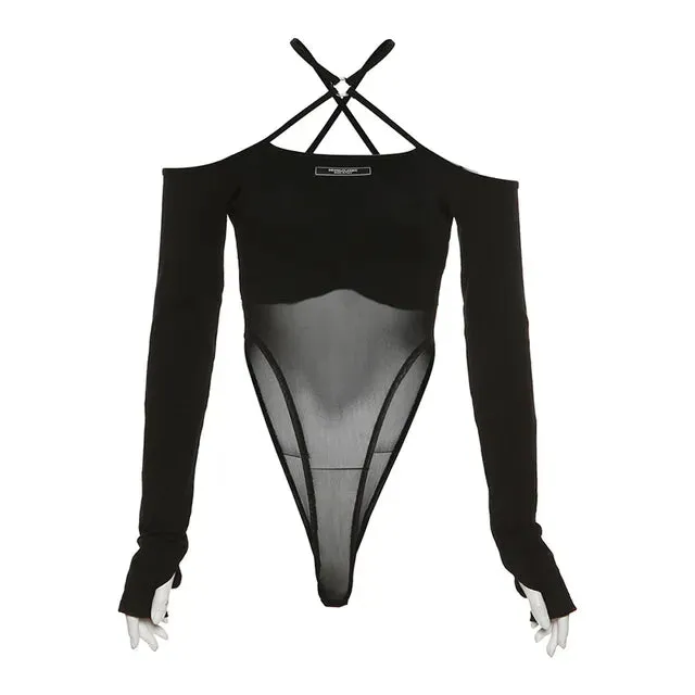 Black Mesh Sheer Halter Bodysuit