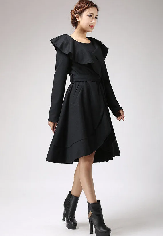 Black wool coat Ruffled Cape coat 699#