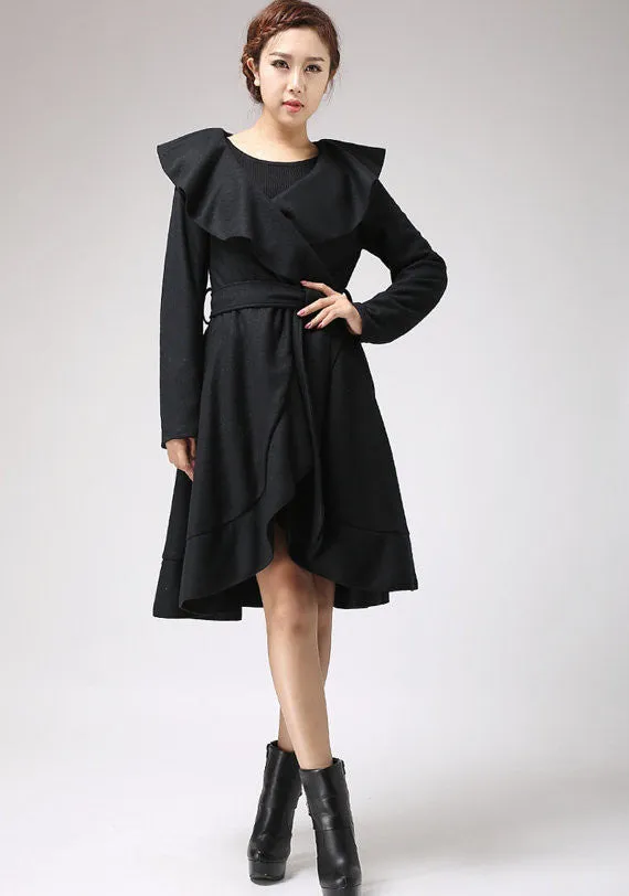 Black wool coat Ruffled Cape coat 699#