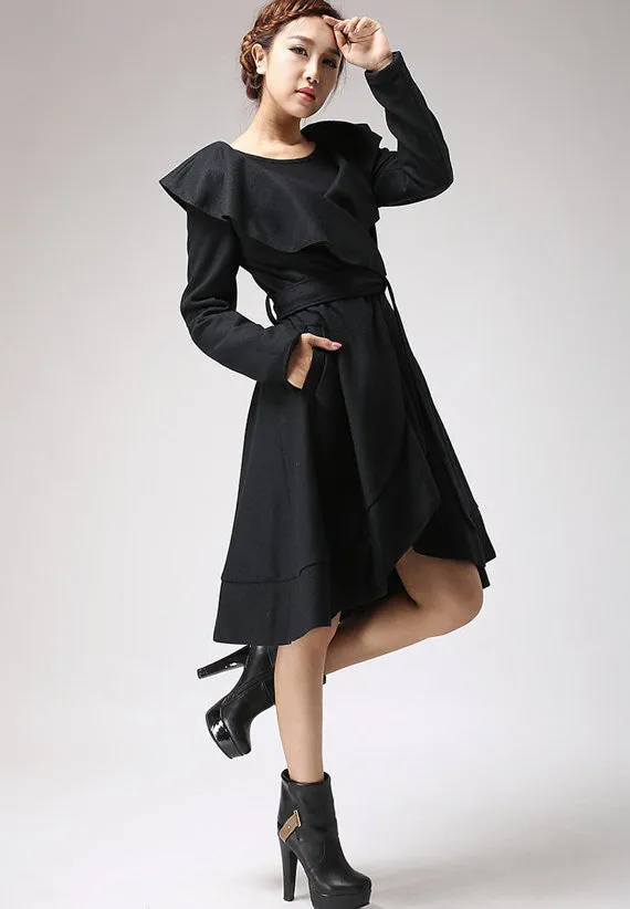 Black wool coat Ruffled Cape coat 699#