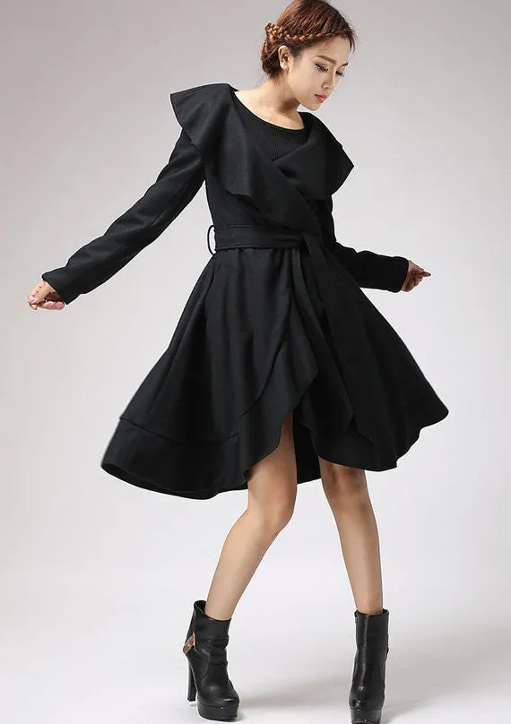 Black wool coat Ruffled Cape coat 699#