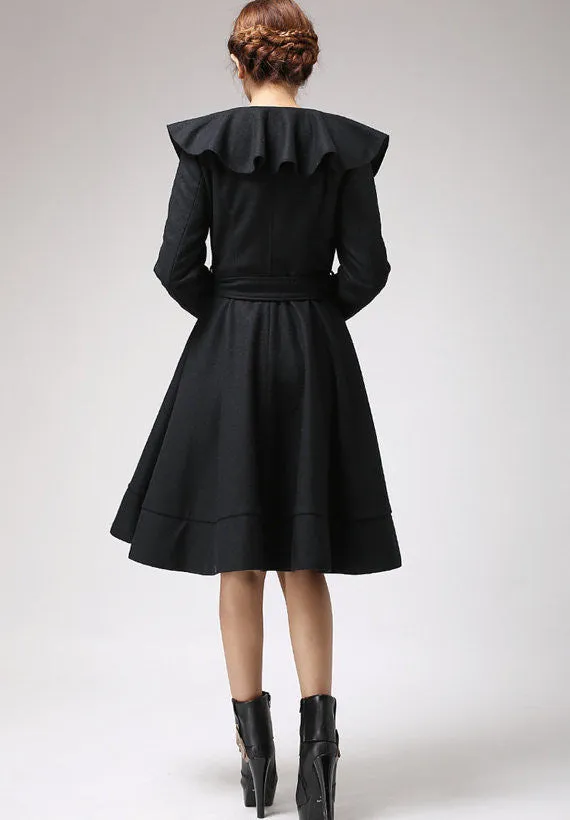 Black wool coat Ruffled Cape coat 699#