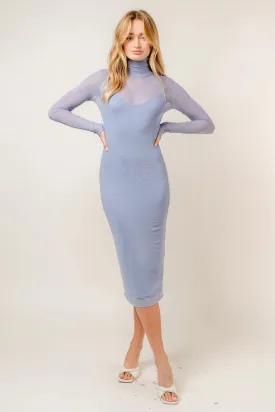 Bodycon Mock Neck Mesh Long Sleeve Midi DRESS CHAMBRAY