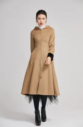 brown women long wool winter coat with single breasted 2255