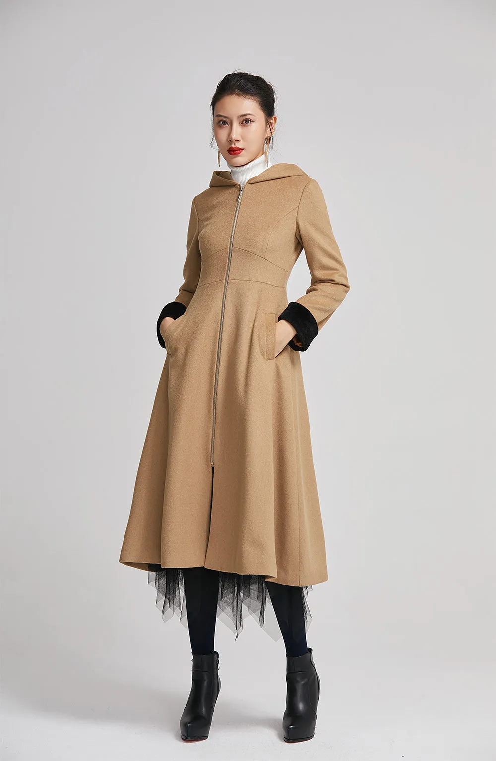 brown women long wool winter coat with single breasted 2255