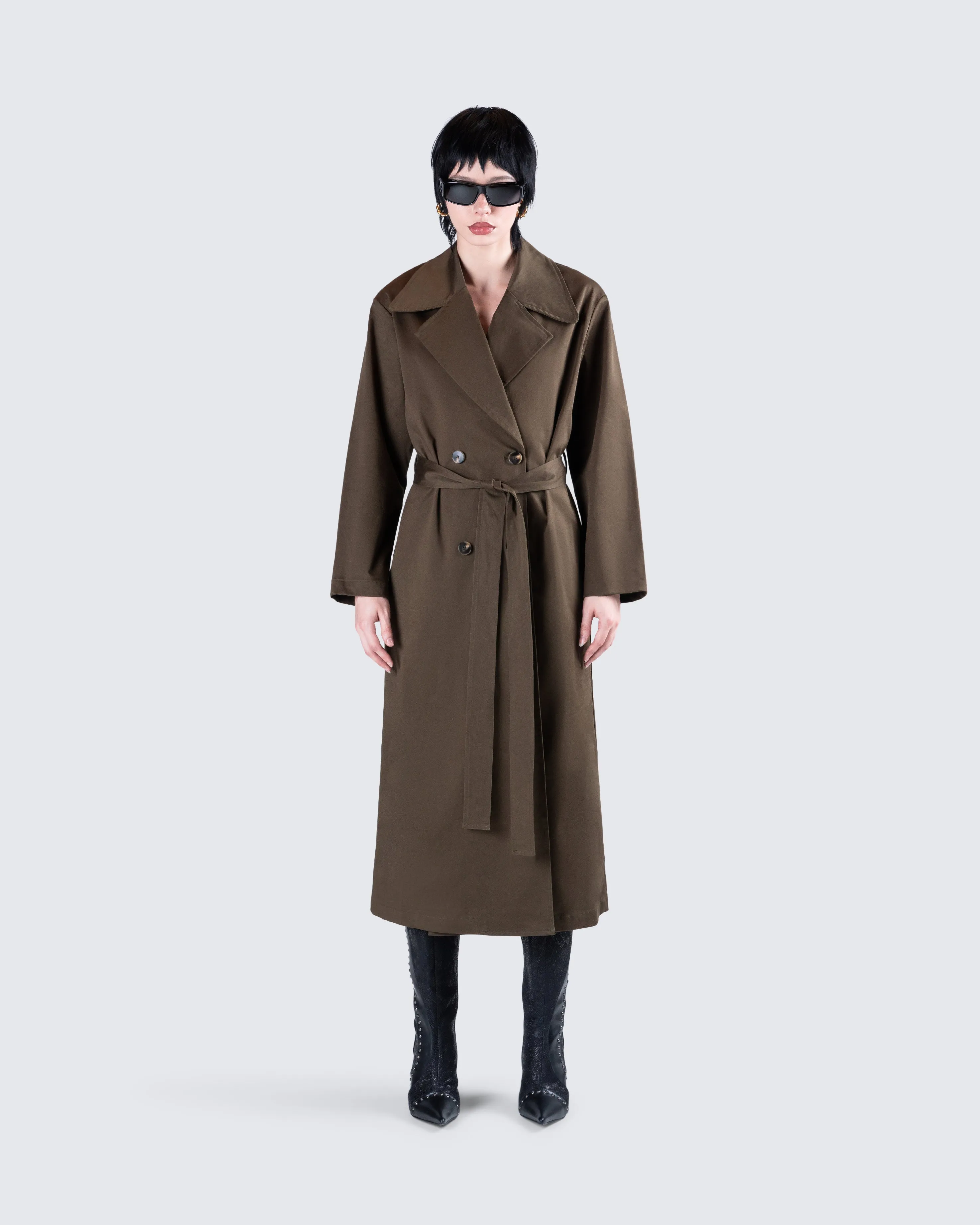 Bryn Dark Olive Belted Trench Coat