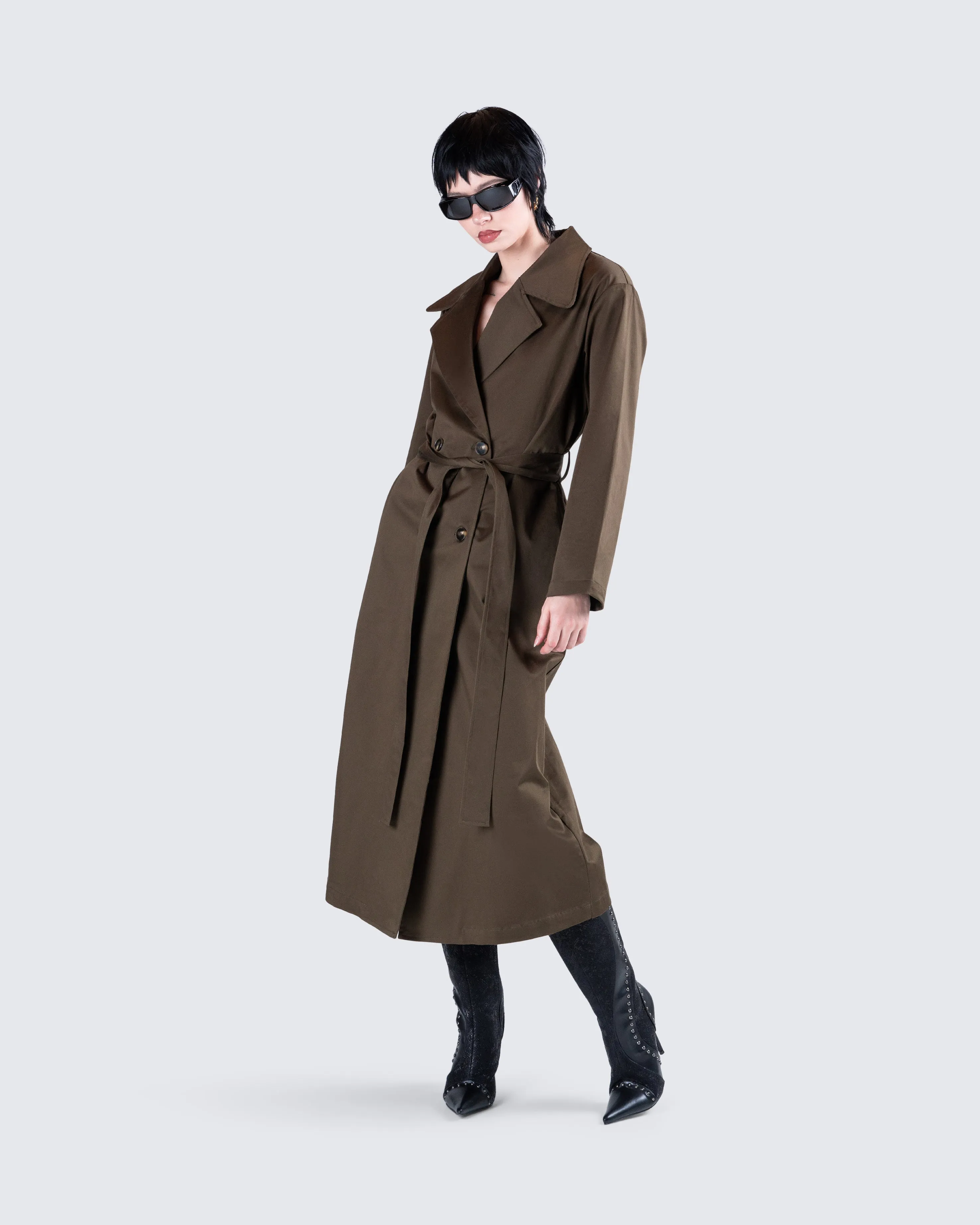 Bryn Dark Olive Belted Trench Coat