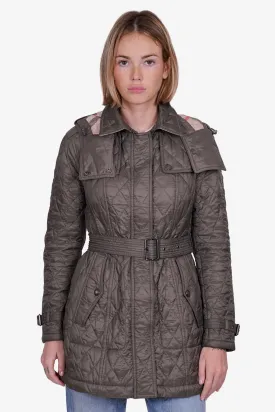 Burberry Olive Quilted Belted Trench Coat with Removable Hood Size S