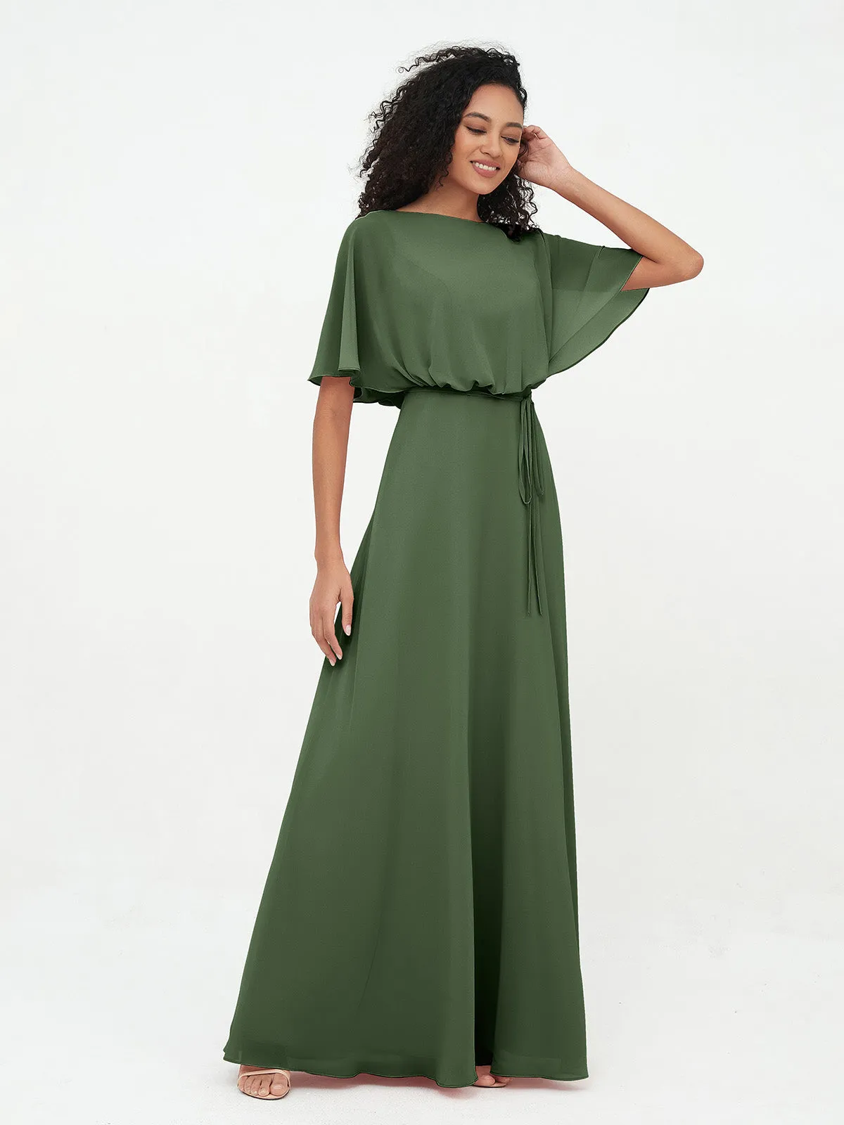 Chiffon Full Length Bridesmaid Dresses with Wrap Olive Green