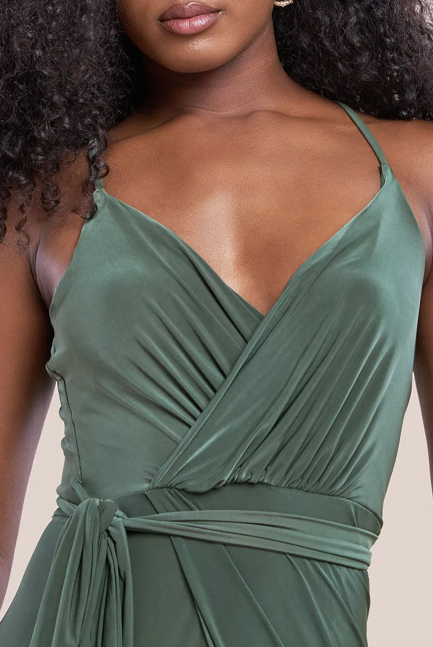 City Goddess Wrap Front Maxi Slip Dress With Waist Tie-Up - Olive Green