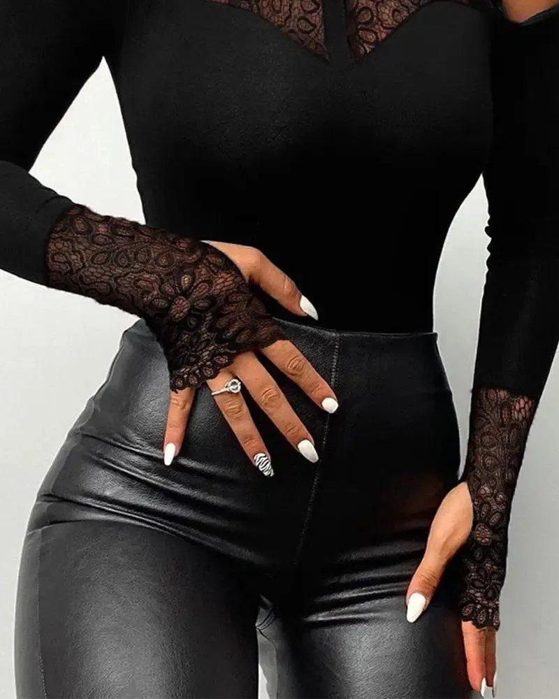 Contrast Lace Long Sleeve Cold Shoulder Bodysuit