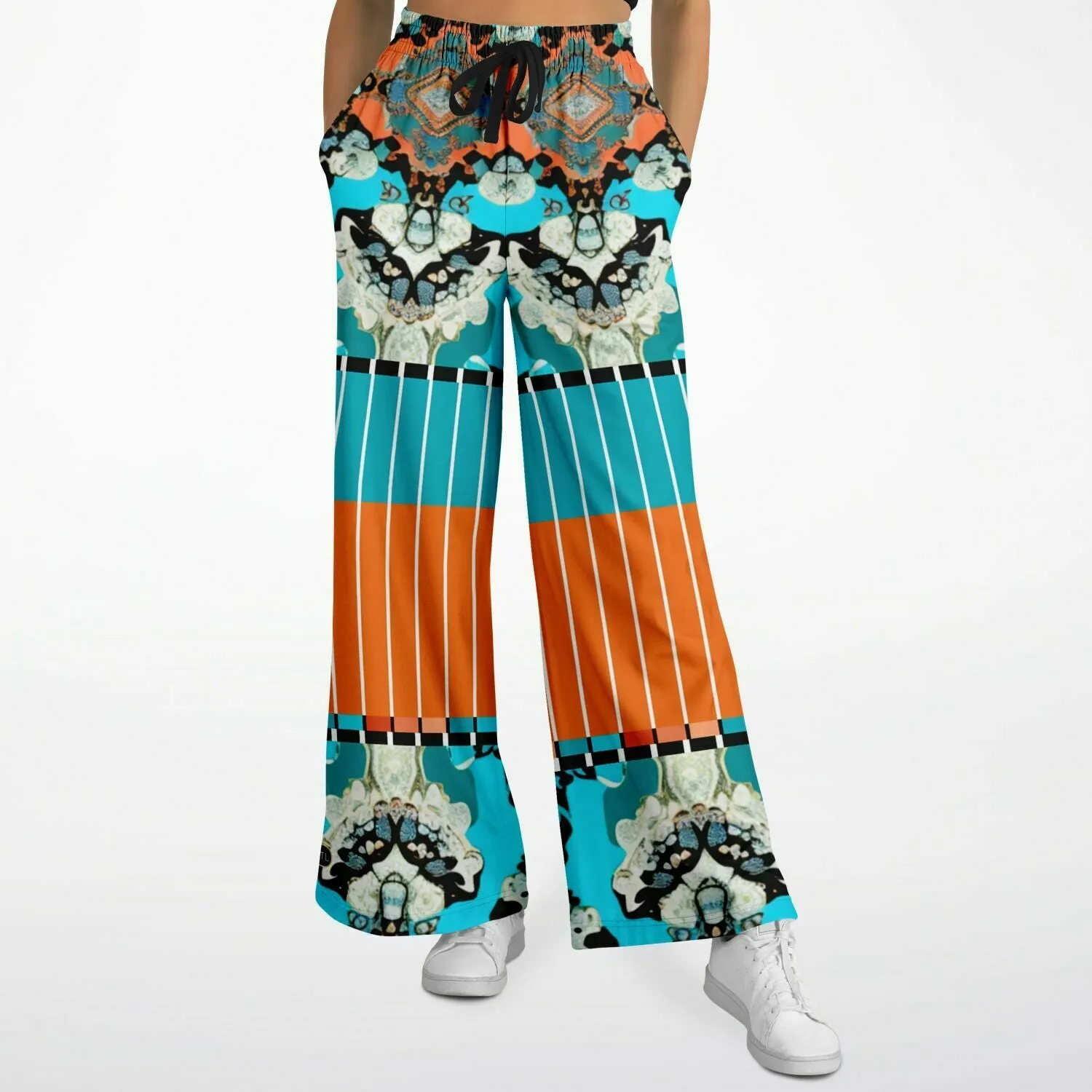 Coral Reef Turquoise Batique Pinstripe Floral Eco-Poly Wide Leg Pants