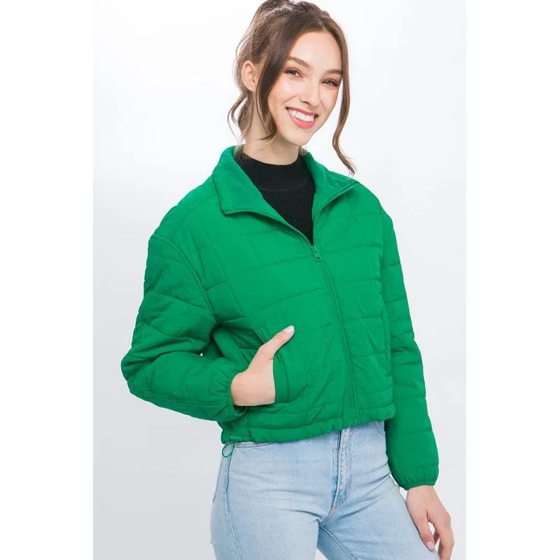 Crop Puffer Jacket with Waist Pull String