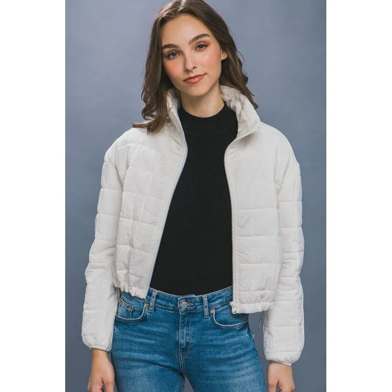 Crop Puffer Jacket with Waist Pull String