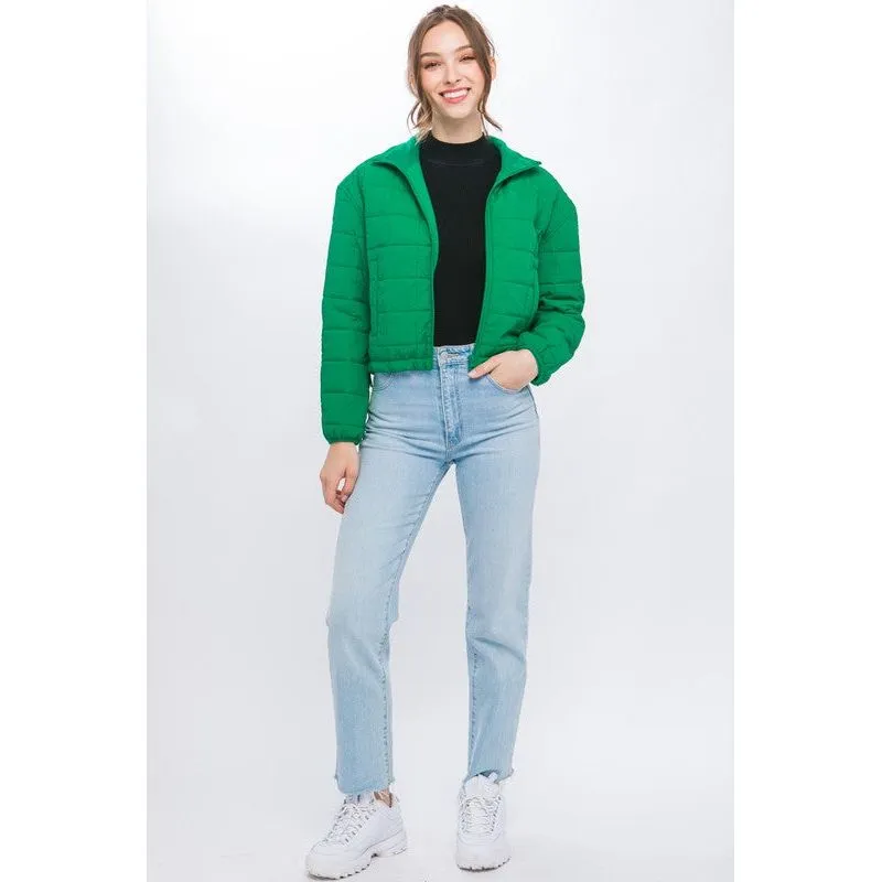 Crop Puffer Jacket with Waist Pull String