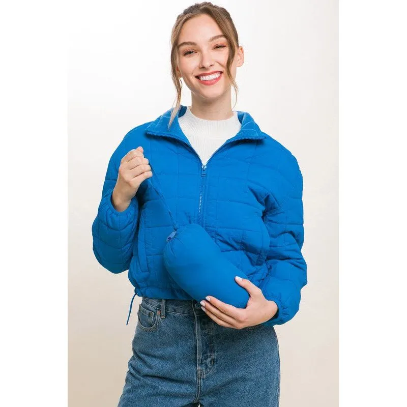 Crop Puffer Jacket with Waist Pull String