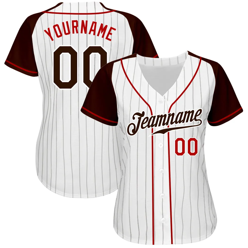 Custom White Brown Pinstripe Brown-Red Authentic Raglan Sleeves Baseball Jersey