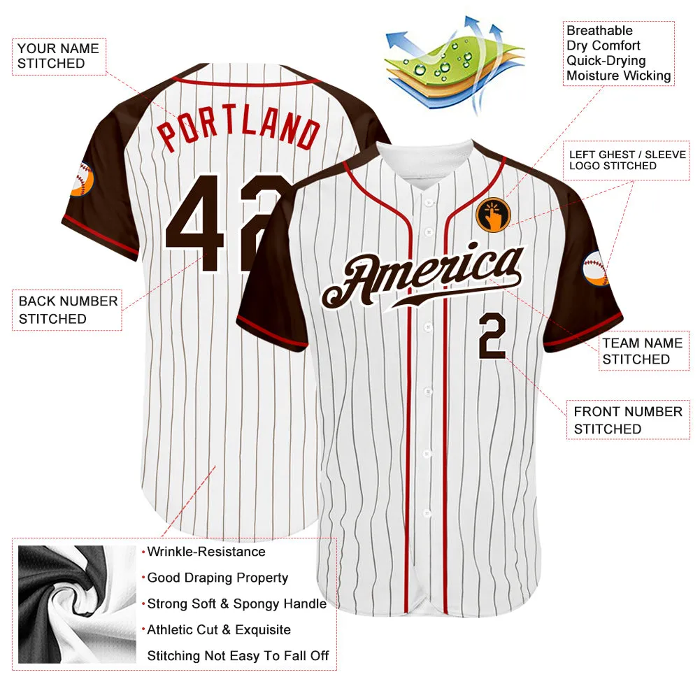 Custom White Brown Pinstripe Brown-Red Authentic Raglan Sleeves Baseball Jersey