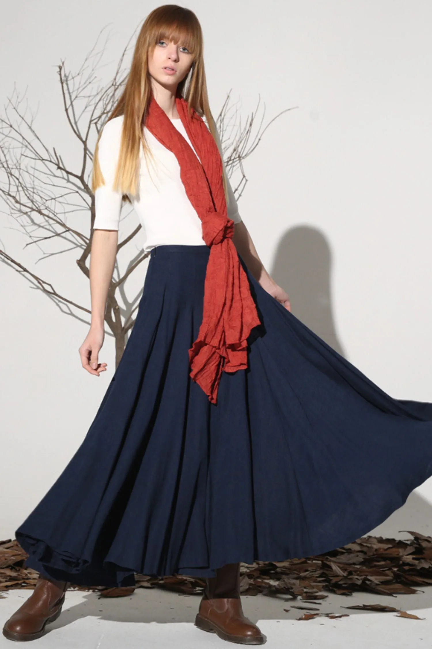 Dark blue linen skirt maxi women skirt 1156