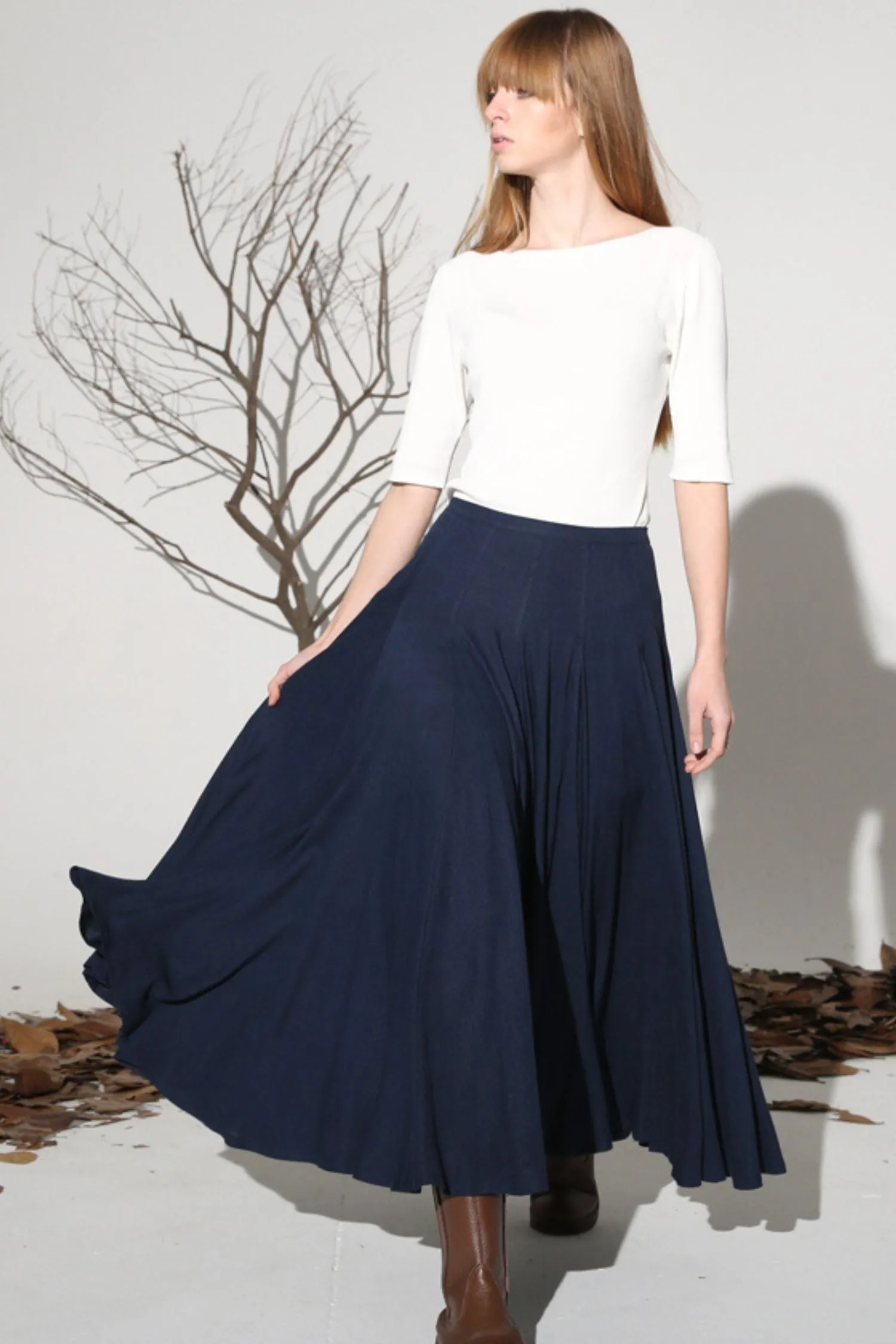 Dark blue linen skirt maxi women skirt 1156