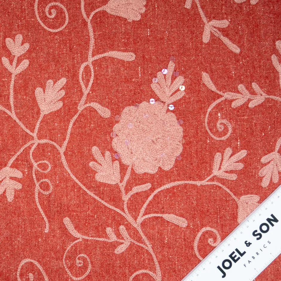 Deep Coral Floral Embroidered Wool