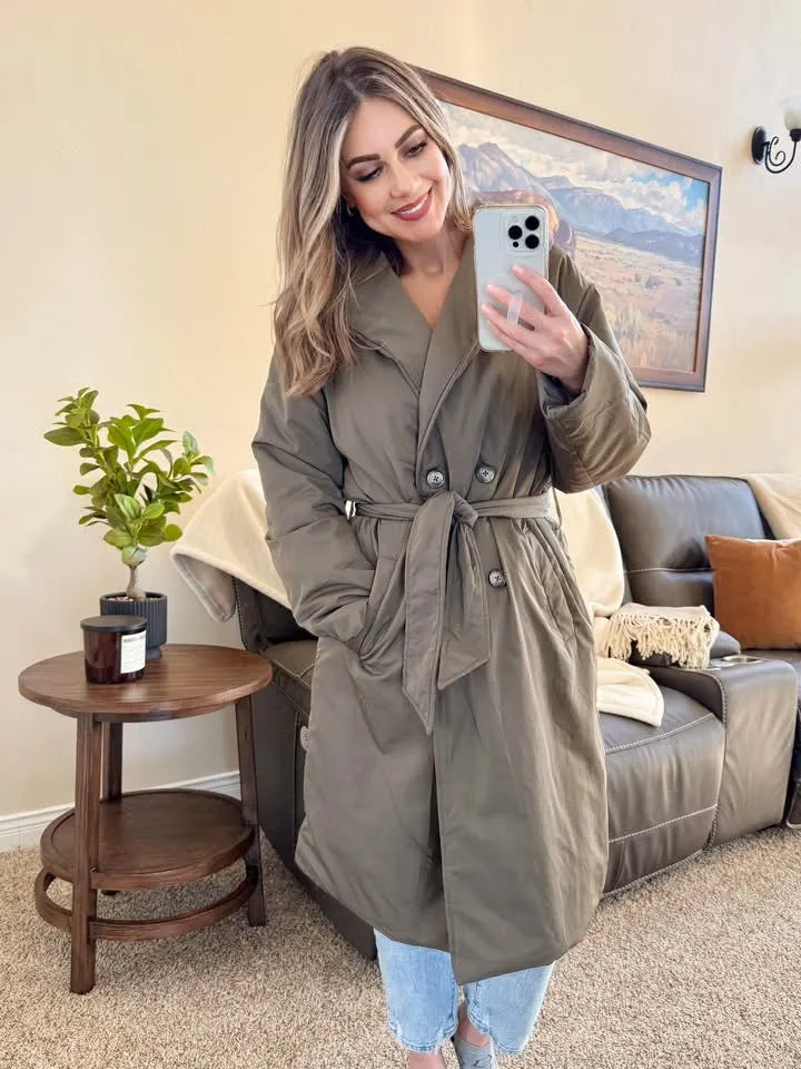 DEX Puffer Trench Coat In Olive