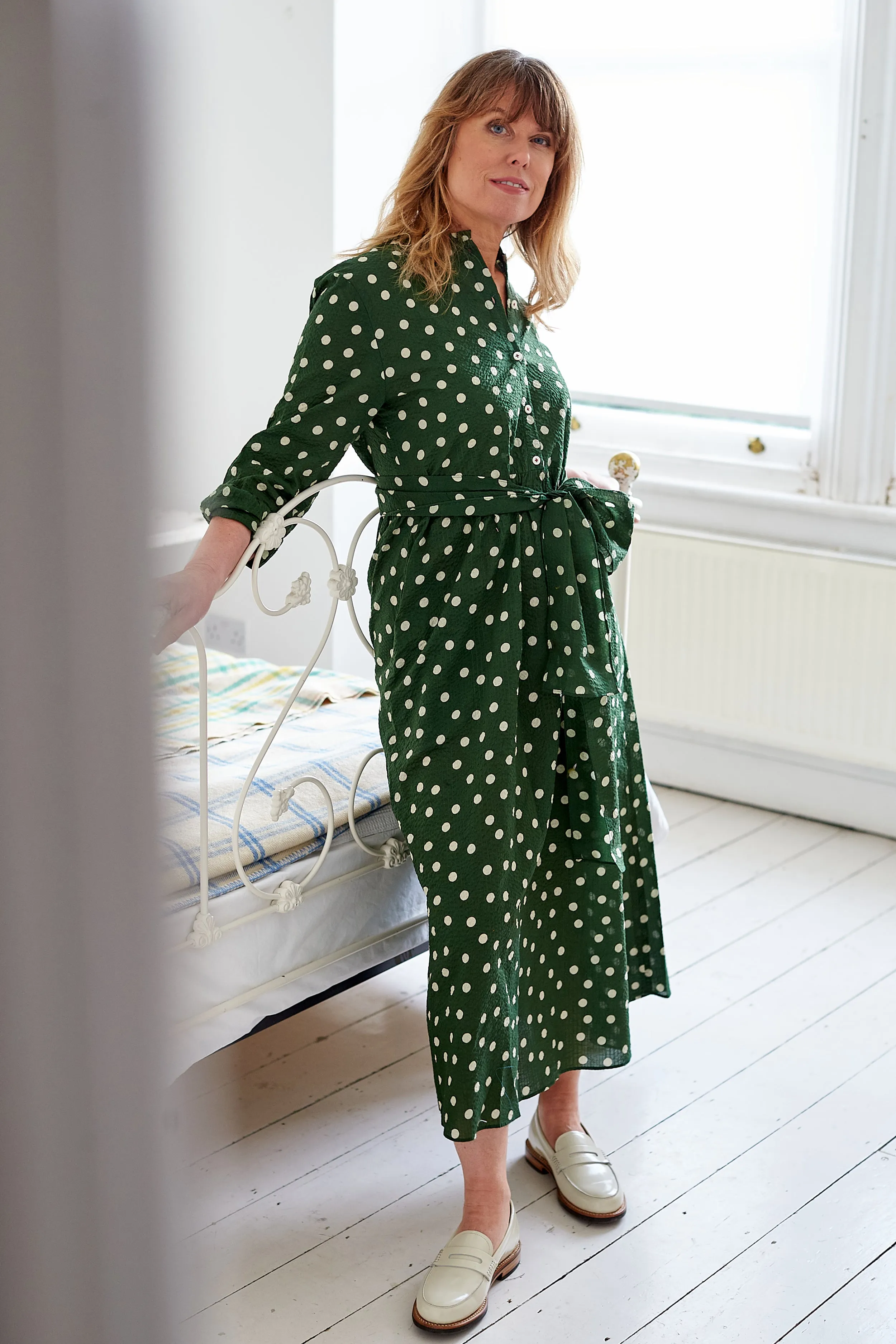 Didsbury Dress in Olive Green with Cream Spot