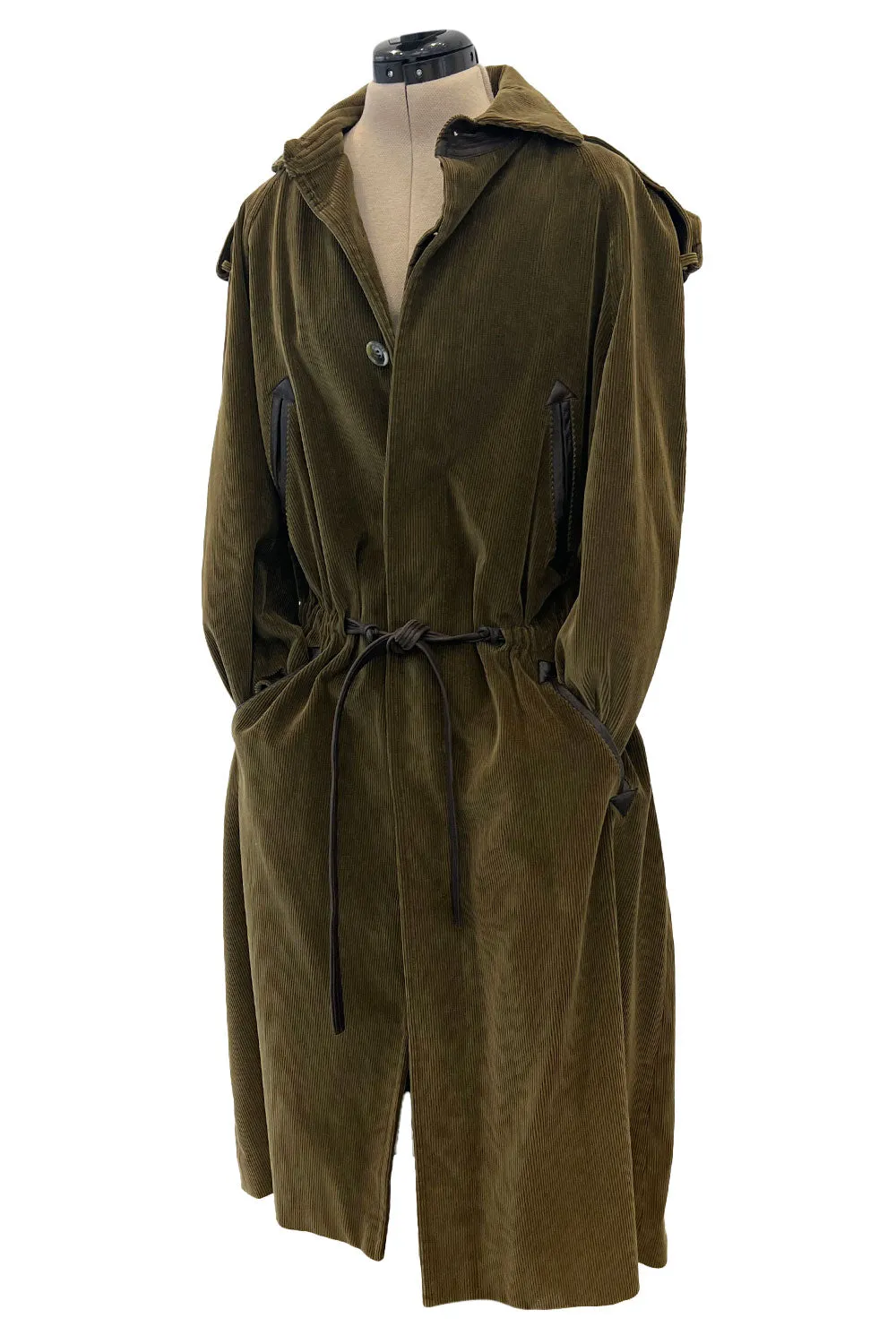 Documented Fall 1978 Yves Saint Laurent Slouchy Olive Corduroy 'Trench' Coat w Leather Trim