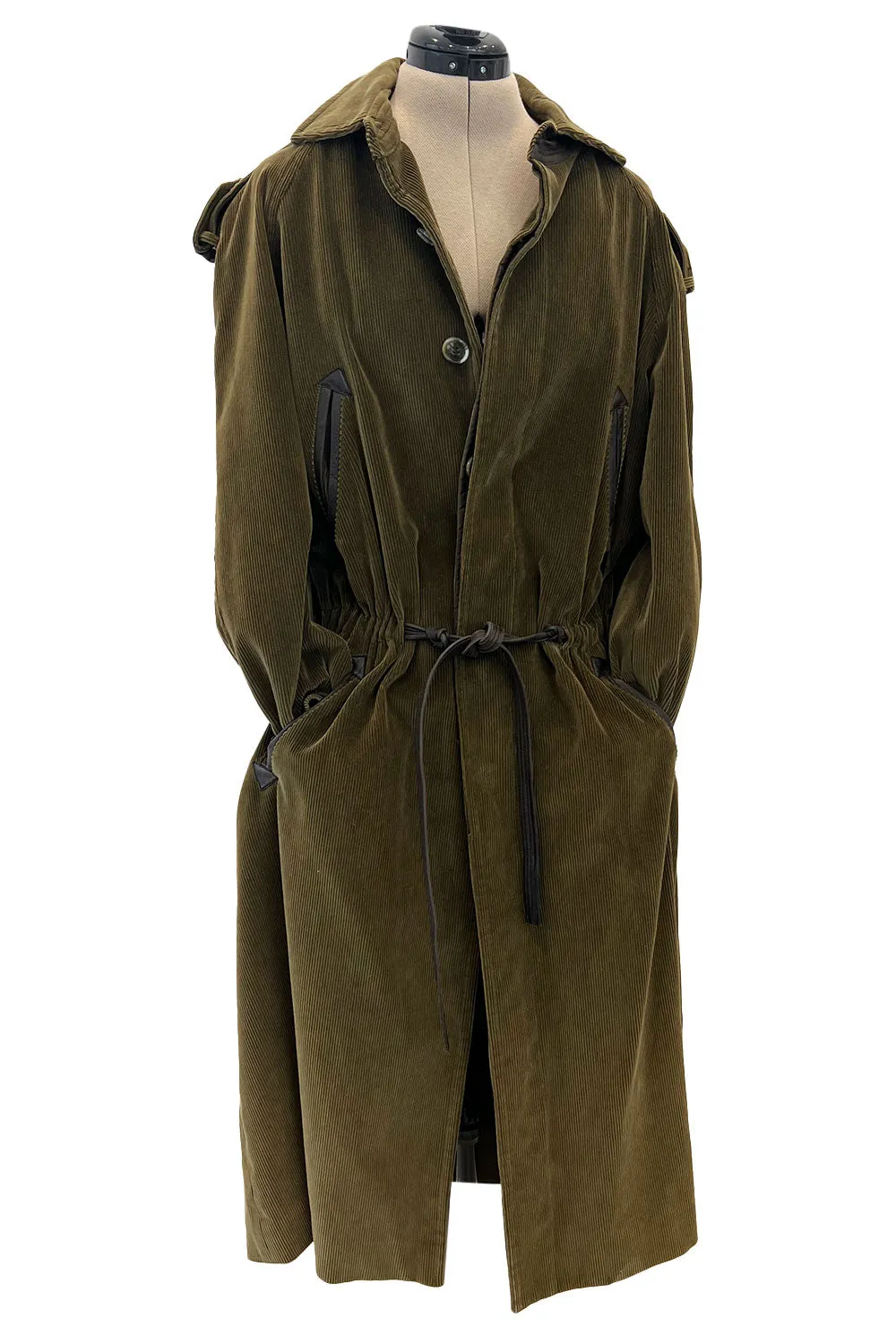 Documented Fall 1978 Yves Saint Laurent Slouchy Olive Corduroy 'Trench' Coat w Leather Trim