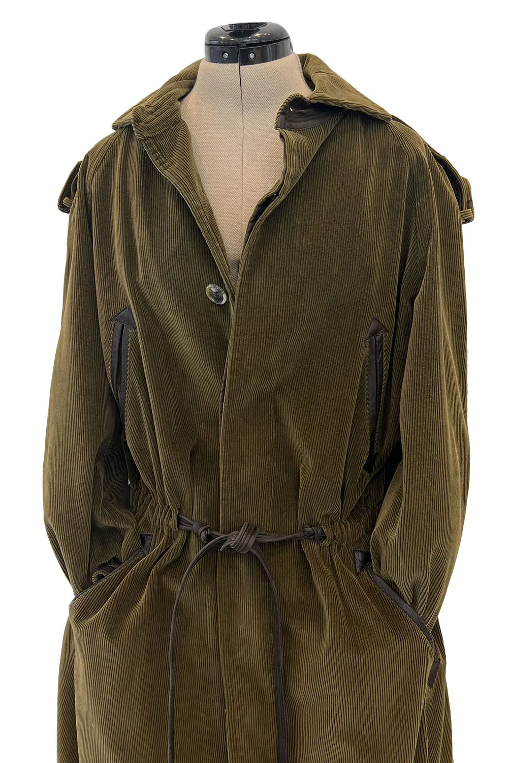 Documented Fall 1978 Yves Saint Laurent Slouchy Olive Corduroy 'Trench' Coat w Leather Trim