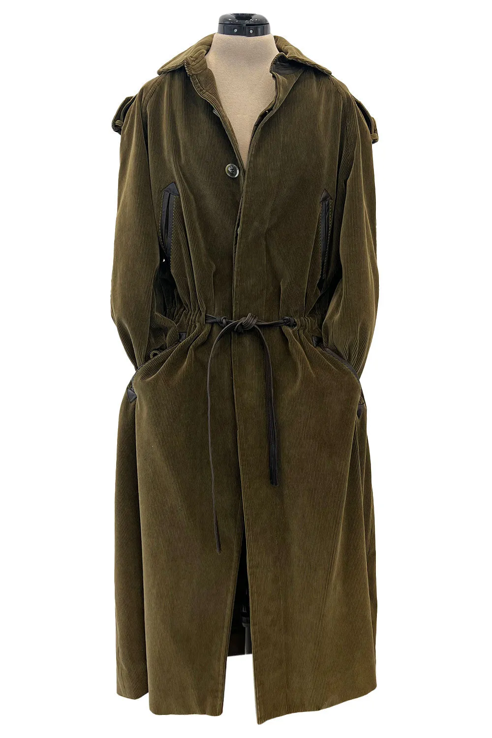 Documented Fall 1978 Yves Saint Laurent Slouchy Olive Corduroy 'Trench' Coat w Leather Trim