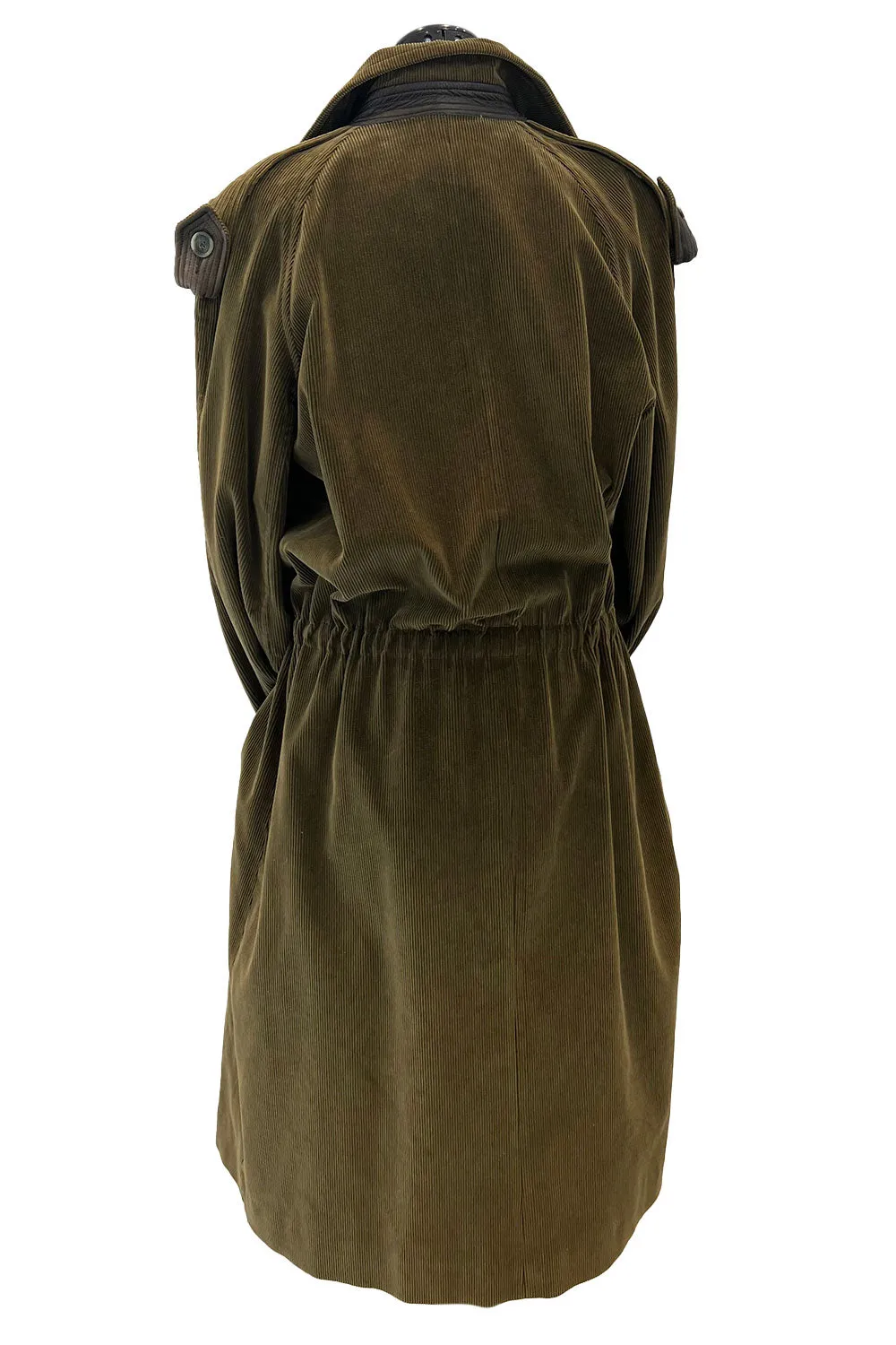 Documented Fall 1978 Yves Saint Laurent Slouchy Olive Corduroy 'Trench' Coat w Leather Trim