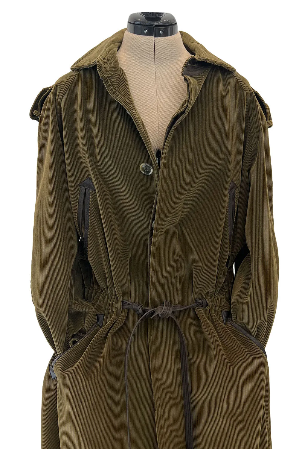 Documented Fall 1978 Yves Saint Laurent Slouchy Olive Corduroy 'Trench' Coat w Leather Trim