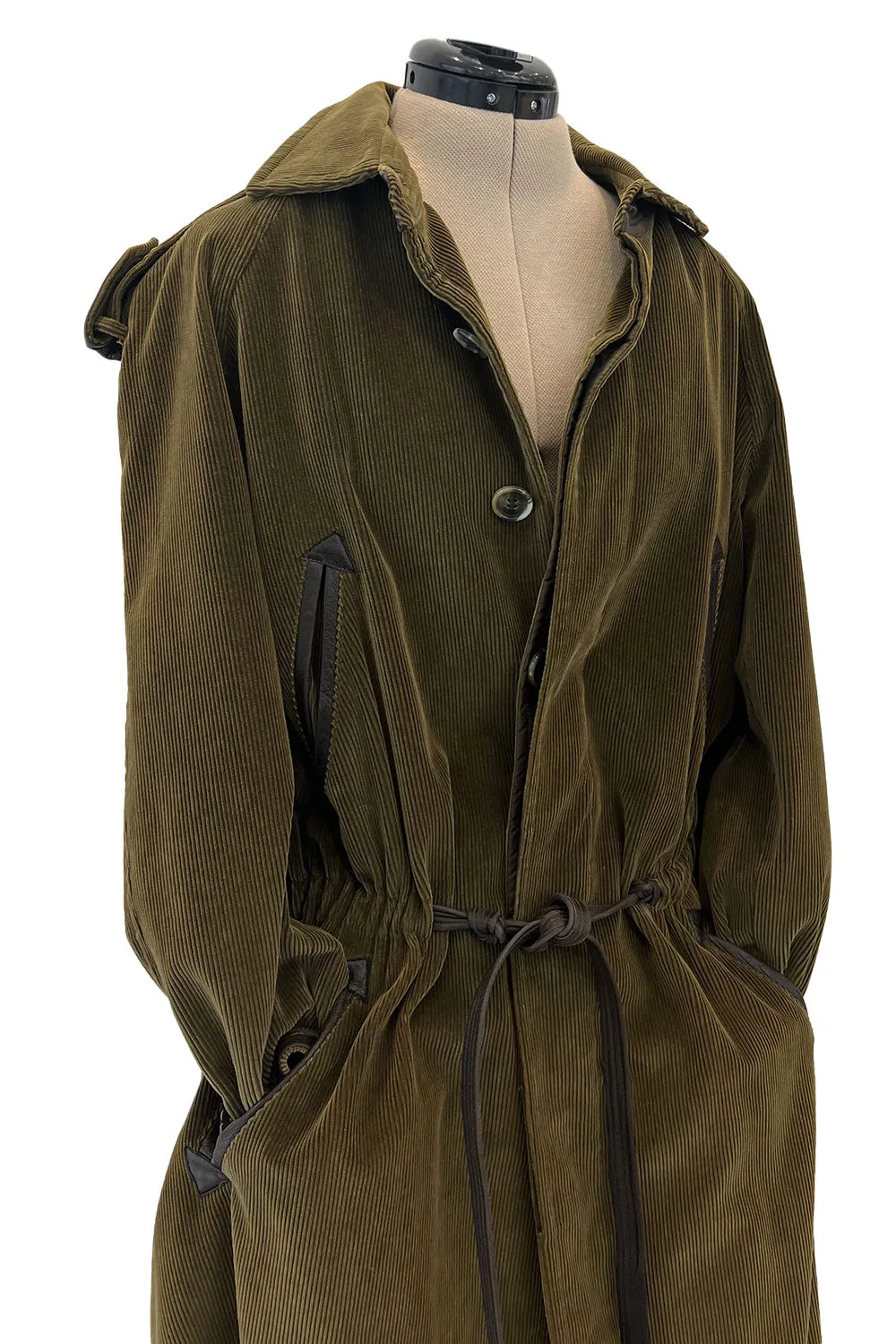 Documented Fall 1978 Yves Saint Laurent Slouchy Olive Corduroy 'Trench' Coat w Leather Trim