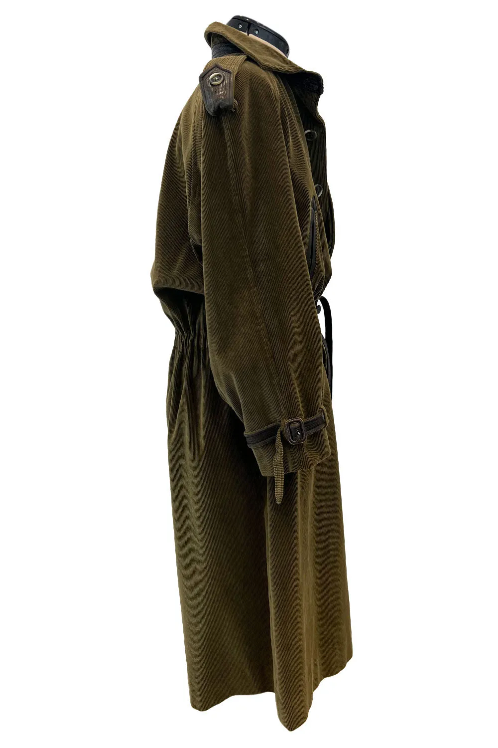 Documented Fall 1978 Yves Saint Laurent Slouchy Olive Corduroy 'Trench' Coat w Leather Trim