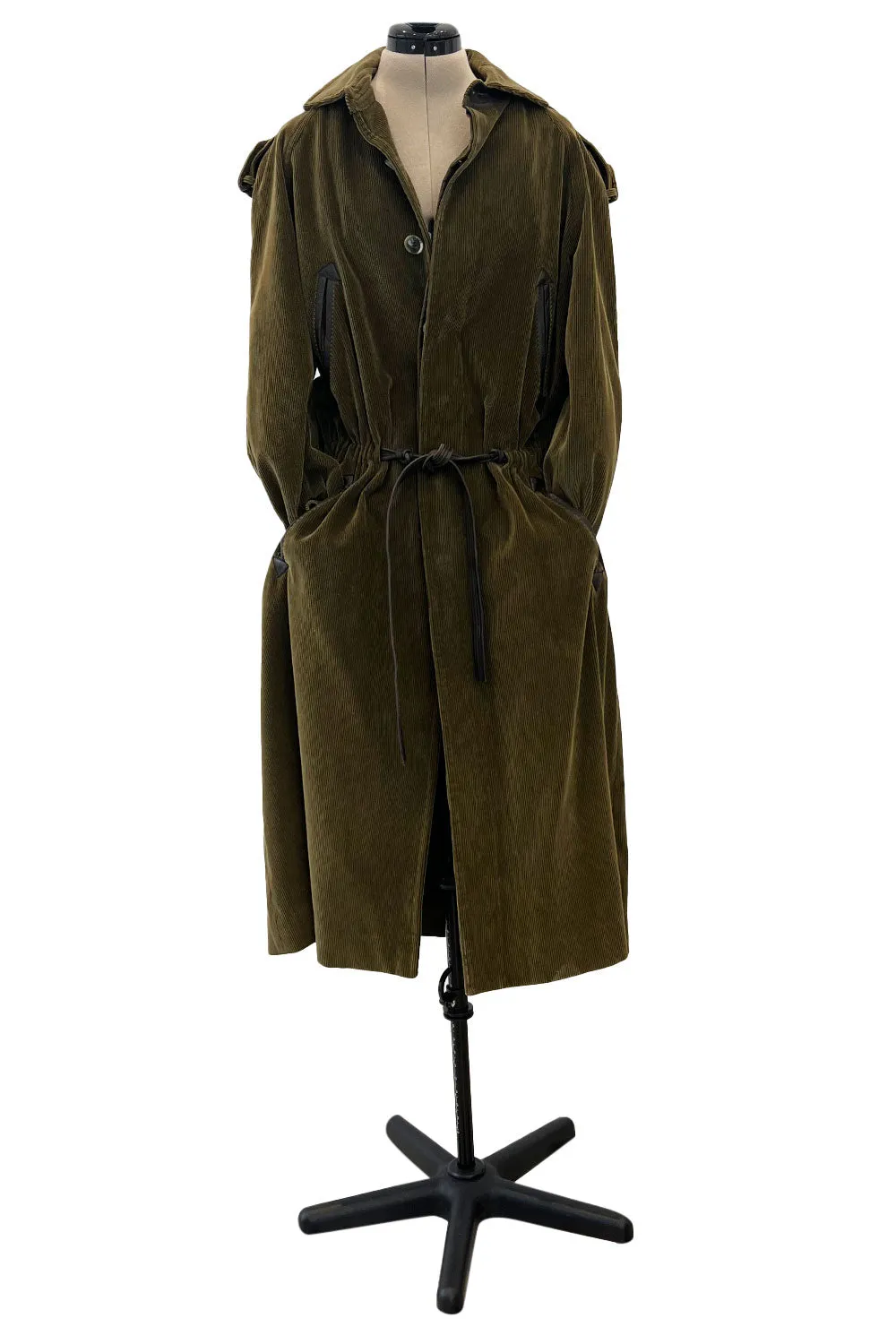 Documented Fall 1978 Yves Saint Laurent Slouchy Olive Corduroy 'Trench' Coat w Leather Trim