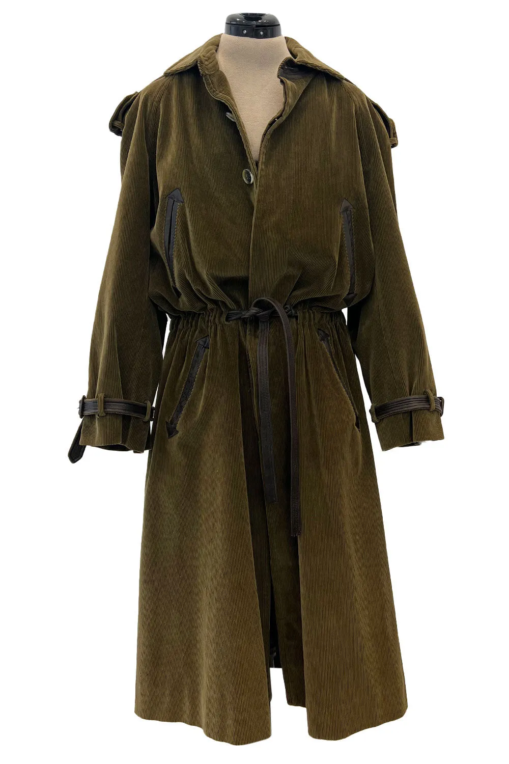 Documented Fall 1978 Yves Saint Laurent Slouchy Olive Corduroy 'Trench' Coat w Leather Trim